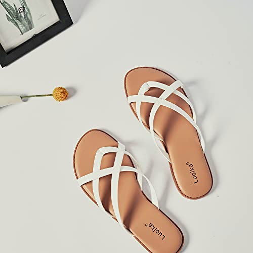 Image of Luoika Women's Wide Width Flat Sandals, Flip Flop Slides Sandal Casual Strapy Sandal Slip on Summer Beach Shoes for Women.