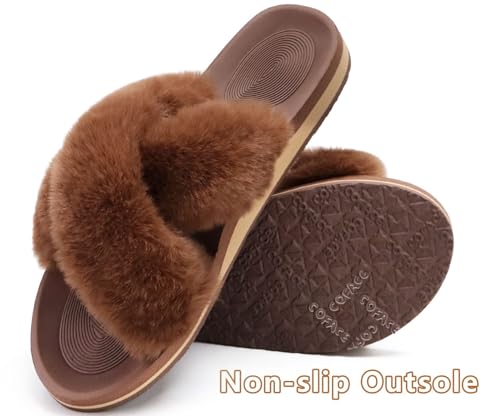 Image of COFACE Womens Fuzzy Slides Fluff Faux Fur Cross Slippers Open Toe Yoga Mat House Slipper Sandals With Arch Support For Indoor /Outdoor