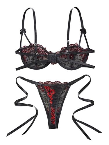Image of Lilosy Sexy Tie Side Cute Underwire Push Up Strappy Embroidered Mesh Sheer Lingerie Set Women See Through Bra and Panty 2 Piece Bow Red Black Small