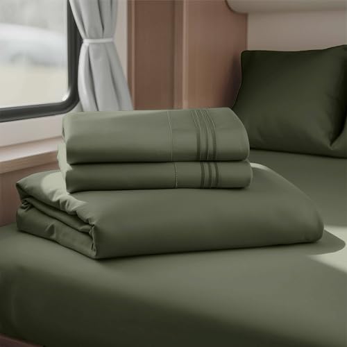 Image of Nestl Olive Green Short Queen Sheets for RV, Hotel Luxury RV Queen Sheets Set, 4 Piece Fitted Bed Sheet Set and Pillowcases, Super Soft, Wrinkle-Free, and Breathable Camper Bedding