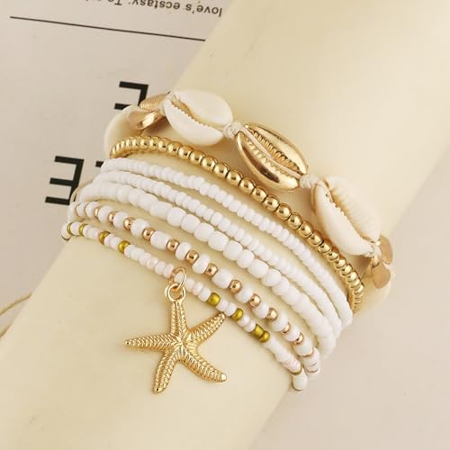 Image of Shell Anklets Bracelet for Women Waterproof Surfer Starfish Bracelet Puka Shell Anklet Colorful Boho Stack Stretch Bead Bracelet Set Hawaii Summer Beach Vacation Foot Jewelry