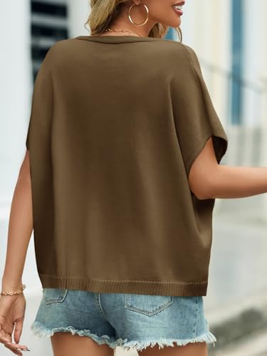 Image of Saodimallsu Womens Summer Oversized Cardigans Batwing Short Sleeve Lightweight Button V Neck Casual Knit Sweater Tops
