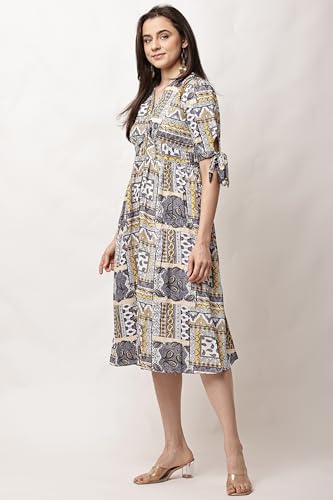 Image of JUSTHER Women's Jaipuri Ethnic Motif Print Fit and Flare Dress | V-Neck A-Line Midi Frock