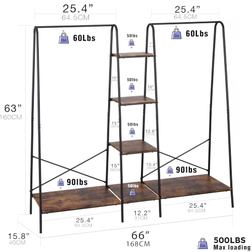 Finnhomy Clothes Rack for Hanging Clothes Freestanding Clothing Rack with 6 Wood Storage Shelves & 2 Rods Heavy Duty Garment Rack Portable Wardrobe Closet Organizer for Bedroom Closet Boutique,Rustic - Image 4