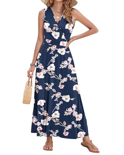Image of AUSELILY Womens Maxi Dress Summer Sleeveless Wrap Long Dresses with Pockets | V-Neck Wrap Sleeveless Sundress, fits formal, casual, beach, vacation & daily wear