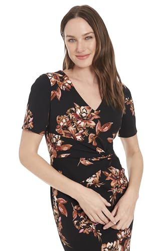Image of London Times Women's V-Neck Dress - Flounce Hem, Twist Waist, Elegant Office & Event Wear