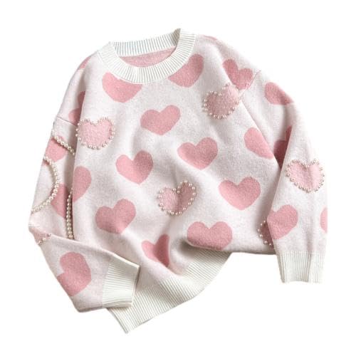 Girls Sweater Sweet Pink Heart Pattern with Pearl Accents Warm Knitted Sweater