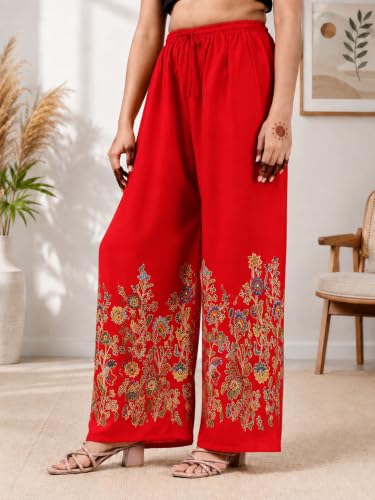 Image of Women's Rayon Bird Flower Print Loose fit Palazzos Pants Free Size 28 to 40