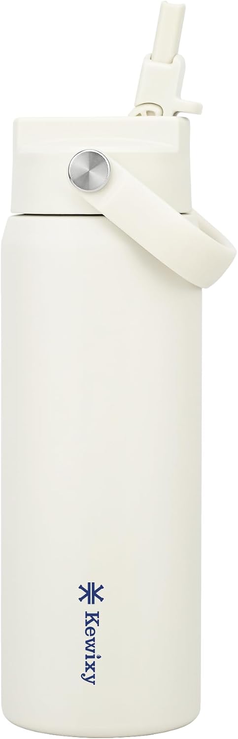 KEWIXY 24 oz Insulated Water Bottle with Straw, Easy Slide Lid, Leak Proof, Keep Cold 24H, Vacuum Insulated Tumbler, Metal Stainless Steel with Handle, Soft Ivory