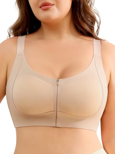 Slimers Zip Front Bras for Women: Wireless Post Surgery Compression Bars Full Coverage Comfort Everyday Beige