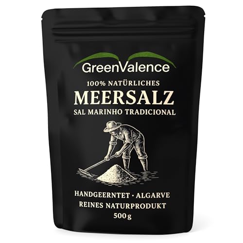 GreenValence Sal Marinho Tradicional – 100% Natürliches grobes Meersalz aus der Algarve, Handgeerntet, Unraffiniert, Reich an Mineralien, Ohne Zusätze, Premium Gourmet Salz für Küche & Grill (500g)