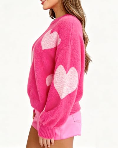 Image of Women's Cute Heart Sweater Love Print Valentine Romantic Knitted Top Casual Crewneck Long Sleeve Sweaters Pullover