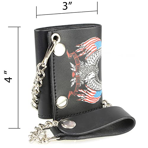 Milwaukee Leather MLW7837 Men's 4” Leather “Eagle w/Flag” Tri-Fold Wallet w/Anti-Theft Stainless Steel Chain - One Size4