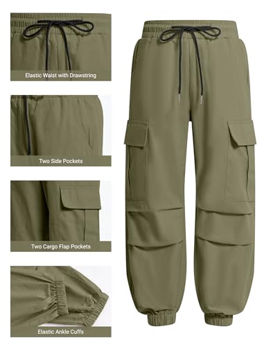 Image of JiAmy Girls Cargo Pants Elastic High Waist Drawstring Pants Jogger Trousers Casual Loose with Pockets 6-14Y