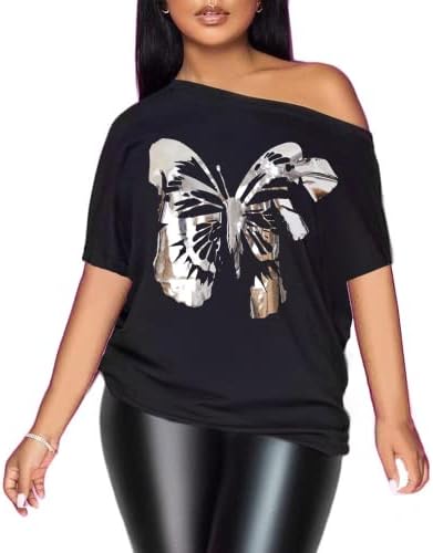 PESION Womens Off The Shoulder Tops Sexy Shiny Shirts Short Sleeves Graphic T-Shirts Blouses, Black+ Silver Butterfly Medium