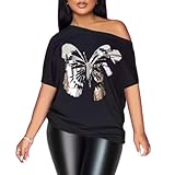 PESION Womens Off The Shoulder Tops Sexy Shiny Shirts Short Sleeves Graphic T-Shirts Blouses, Black+