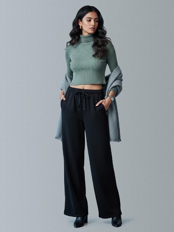 Image of GO COLORS Polycotton Fleece Wide Pants for Women | Relaxed Fit, High Rise