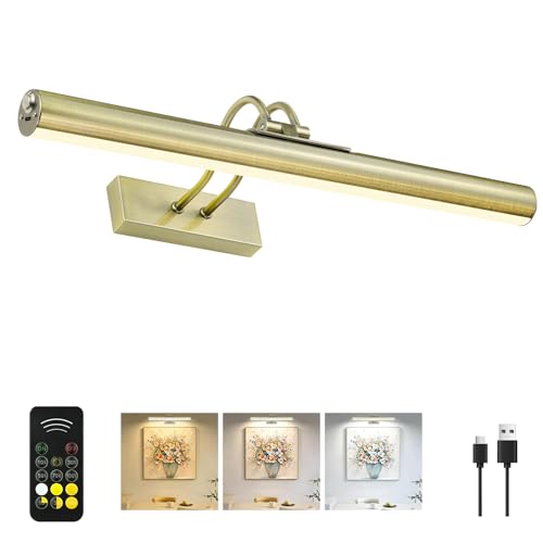 Image of Picture Light,Magnetic Wall Lights 5000mAh,16inch Art Light,Antique Brass | Photo Lights for Wall Rechargeable,Remote Timer and Dimmer Gallery Light,Metal Painting Light for Portrait Display Frame