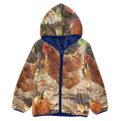Autumn Rooster Amidst Pumpkins Toddler Fleece Jacket Girl Boys Hooded Fleece Jacket Coat Warm Outwear Zip-up 3-10T