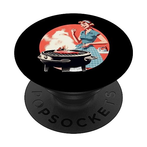 Housewife grilling - fiftees retro design - grillqueen PopSockets Swappable PopGrip, Black