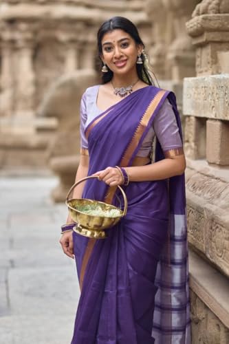 Image of Women's Cotton Woven Soft Sarees With Attach Blouse Piece.