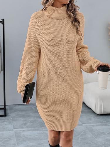Image of Women's Turtleneck Textured Lantern Sleeve Ribbed Knit Mini Dress Pullover Oversized Sweater Dresses S-XL
