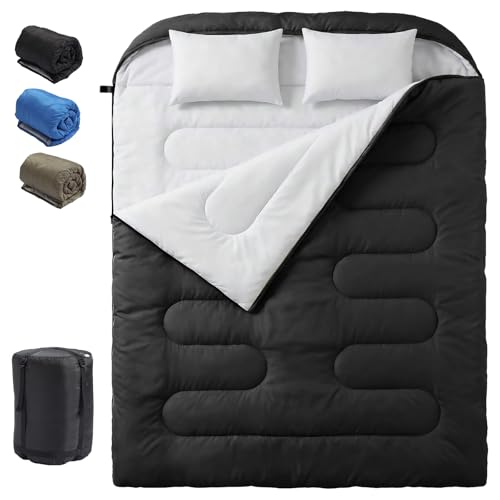 NEWBULIG Double Sleeping Bag for Adults with 2 Pillows, XL Waterproof Lightweight Machine Washable Sleep Bag Cold Weather, 3-Season for Camping/Hiking/Backpacking, 2-in-1 Zipper Converts to 2 Singles