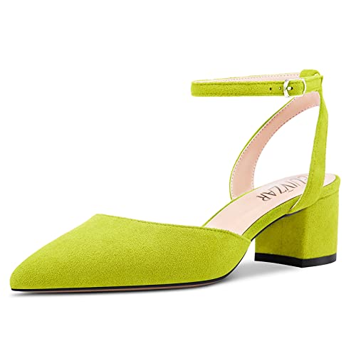 HEUIVZAR Mujer Dress Zapatos Sandalias Puntiaguada Punta Bajos Heel Pumps Ante Ancho Chunky Heel de Boda Verde Lima 5 CM 36 EU