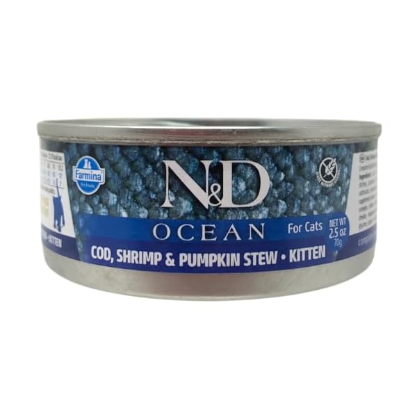 Farmina N&D Ocean Kitten Pastete Katzenfutter(Nassfutter, mit hochwertigen Vitaminen und natürliche Antioxidantien, ohne Mais, Zutaten: Thunfisch, Kabeljau, Garnelen und Kürbis, Portionsgröße: 70 g)