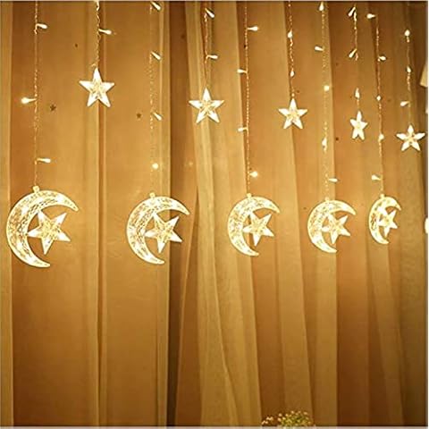 kalynmart 138 Led Curtain String Light Star Moon Icicle Light with 8 Lighting Modes with Timer Remote USB Operated Dimmable Fairy String for Window Wall Home Decoration (Crescent) Cover