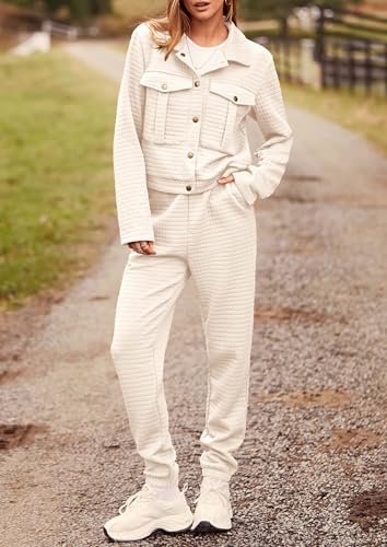 Image of PRETTYGARDEN Womens Two Piece Sets Fall 2026 Long Sleeve Button Down Shacket Jacket Long Sweatpants Tracksuit Winter Clothes