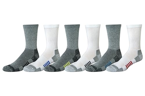 Amazon Essentials Men's Performance Cotton Moisture Control Socks, Athletic Crew, Breathable, 6 Pairs, Grey/White, 8-12