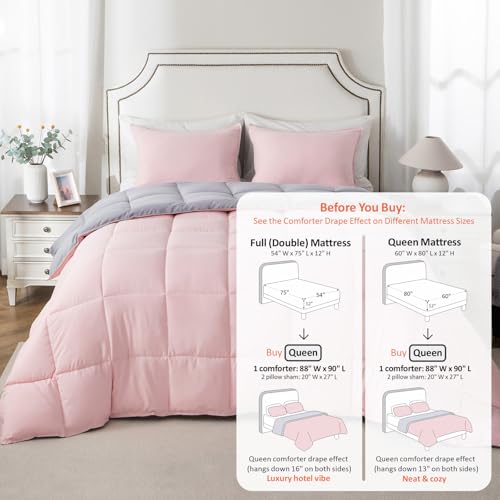 Image of KASENTEX Queen Comforter Set - Reversible Dual Color - Goose Down Alternative - Ultra-Soft, Lightweight, Machine Washable, Maintain Fluffiness, All Season Warmth (Pink Potpourri /Quartz Silver) | 250 GSM Fill, Ultra-Soft, Lightweight, Machine Washable, 1 Comforter + 2 Pillow Shams, Pink Potpourri /Quartz Silver
