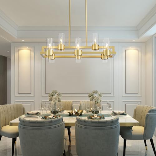 Image of WUZUPS Island Rectangle Chandelier 8-Light with Clear Glass Industrial Modern Farmhouse Linear Light Fixture for Dining Room Kithen Island, Width 33.5 inch Height 12.6 inch, Gold