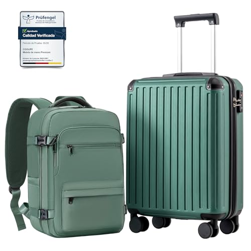 COOLIFE Maleta de cabina 55 x 40 x 20 cm para avión Ryanair, equipaje de mano, equipaje de cabina, maletín rígido con cerradura TSA y 4 ruedas gemelas (Verde Oscuro, 55 x 40 x 20 cm   Set de 2 piezas)