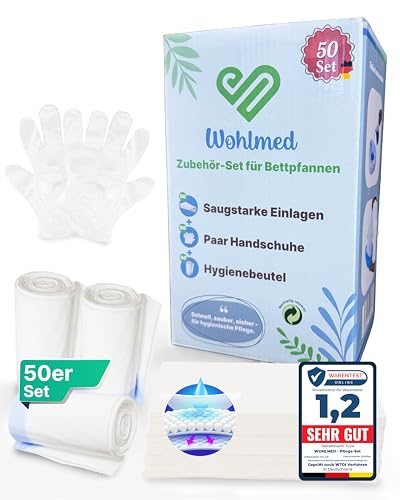 Wohlmed 50er Set dichte Toilettenbeutel und saugstarke Einlagen inkl. 50 Paar Handschuhe reißfest und auslaufsicher hygienisch und geruchsbindend ideal für Bettpfanne Toilettenstuhl und Camping
