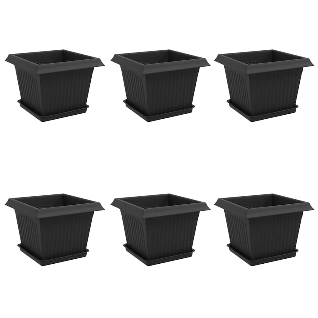 6er Set Blumentöpfe Schwarz 23 x 23 x 17,5 cm Kunststoff eckig | Robuste, quadratische Pflanztöpfe mit Entwässerungslöchern für den Garten und Balkon.