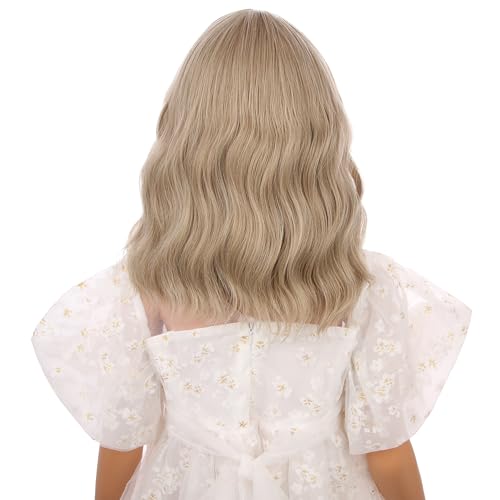 Image of Girls Ash Blonde Wig Kids Short Blond Wavy Curly Wig Blonde Wig with Air Bangs for Children Heat Resistant Synthetic Wig with Wig Cap
