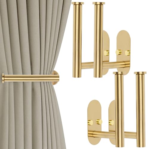 Yagoo 4 Pcs Adhesive Curtain Holdbacks，Screw-in Curtain Tie Backs Curtain Holders Tiebacks Curtain Hooks for Wall Mounted Curtain Pull Backs for Home Decor Drapes (4, Gold)