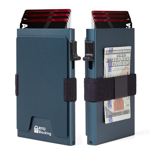 Image of Minimalist Mens Card Holder Wallet, RFID Blocking Slim Smart Pop Up Aluminum Wallet,Holds 12+ Cards,Expandable Compact Plate,Cash Strap /Money Clip (Navy Blue)