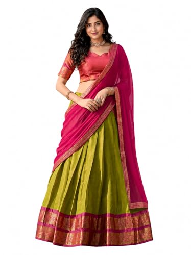 Image of RENVAANI Women's Traditional Kanjivaram Kanchipuram Silk Zari Weaving Unstitched Lehenga Choli with Dupatta