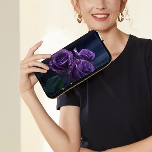 Image of Women's Wallets,Credit Card Holder Money Leather Long Wallet with Wristlet,Large Capacity with Zip-Around Phone Purse for Women Ladies Girls,Three Purple Roses