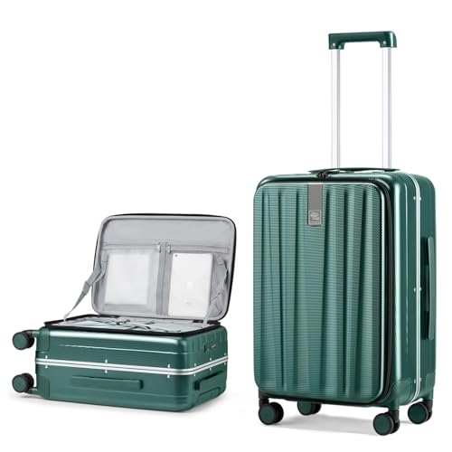 Hanke 20 Inch Carry On Luggage Aluminum Frame Front Opening Rolling Suitcase PC Hard Sided Luggage with Spinner Wheels Travel Luggage for Woman Men Gifts.(Dark Green)