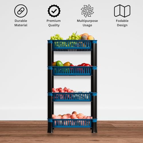 Image of Multipurpose Plastic Storage Rack for Kitchen | Foldable Vegetable & Fruit Organizer Stand for Onion, Potato, Sabji | Countertop Multi-Layer Basket Rack for Home, (Blue, 4 layer)