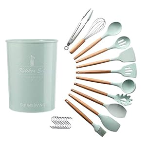 shumeifang Kitchen Tools, Cookware, 11-Piece Set, Kitchen Utensils, Wooden Kitchen Tools, Cooking Tools, Confectionery Utensils, Kitchen Utensils, Heat Resistant Silicone, Japanese Food Safety Certified, FDA Certified, Cooking, Turner, Ladle, Tongs, Spatula, Whisk, Brush, Spatula, Pasta Server, Ladle, Turner, Spoon, Dinnerware Set, Antibacterial Kitchen Utensils, Cookware, Antibacterial Kitchen Goods, Special Selection of Storage Stand, S-Shaped Hook (Green)
