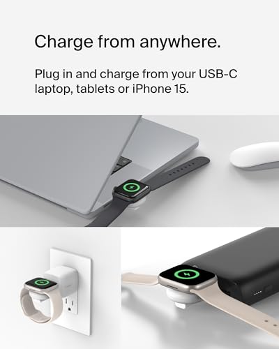 Image of Belkin BoostCharge USB-C Portable Charger for Apple Watch (MFi Certification, for Apple Watch Series 9, Series 8, Series 7, Ultra, etc., Compatible with MacBook, iPhone 15, etc., White)