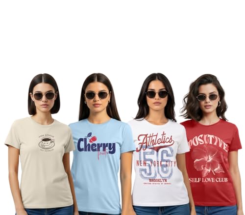 Image of Cotton Blend Regular Fit Half Sleeve Printed Round Neck Multicolor Drop Shoulder T-Shirt for Womens & Girls (Pack of 4)
