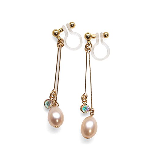Womenâ€™s Miyabi Grace Gold tone Bridal Dangle Invisible Clip On Light Orange Freshwater Pearl Earrings