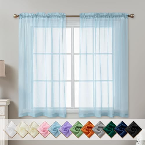Image of Blue Sheer Curtains 54 Inch Length, Privacy Semi Sheer Curtains for Dining Room Kitchen, Light Filtering Rod Pocket Voile Window Drapes 2 Panels Set, Each 42 inch W x 54 inch L