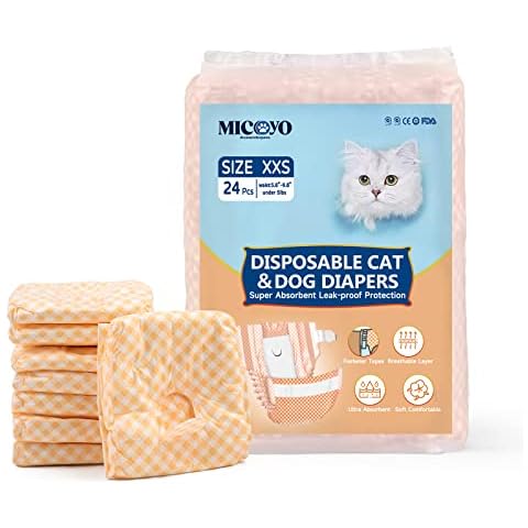 MICOOYO Disposable Puppy Cat Nappies - Super Absorbent Pet Diapers for Small Cats Female Dogs, Disposable Cat Diaper Pants for Female in Heat (XXS, 24Pack) Cover